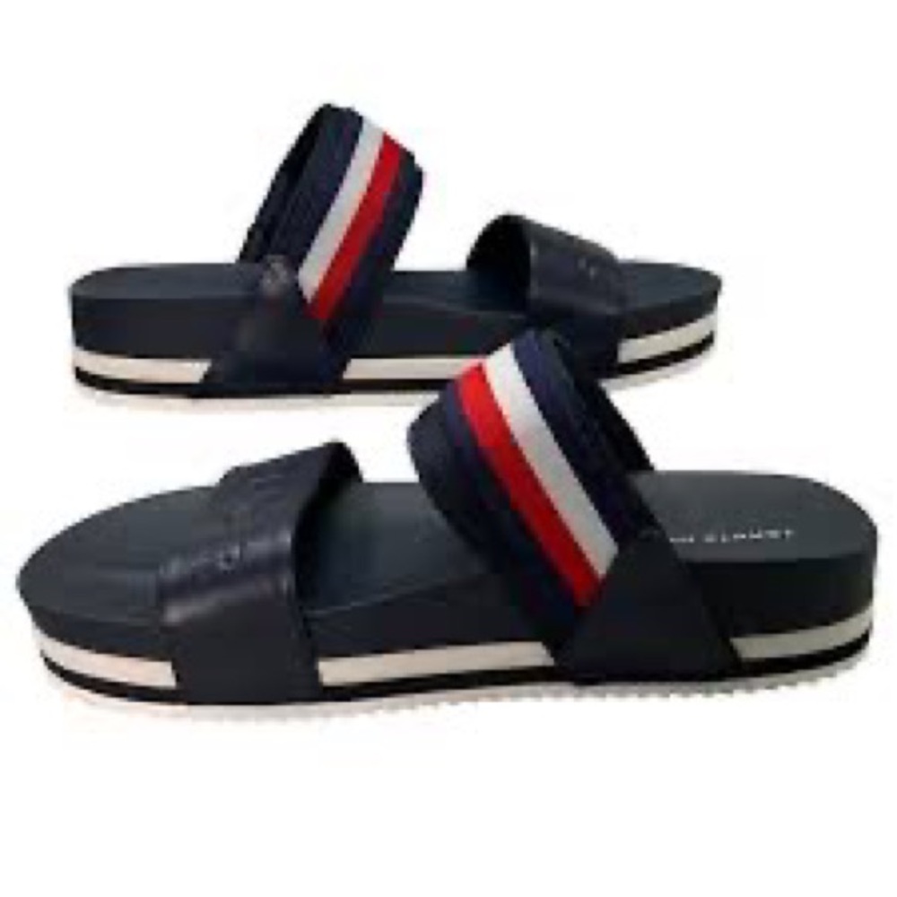 TT: Tommy Hilfiger Brysony Platform Blue White Red Strap Slides Sandals